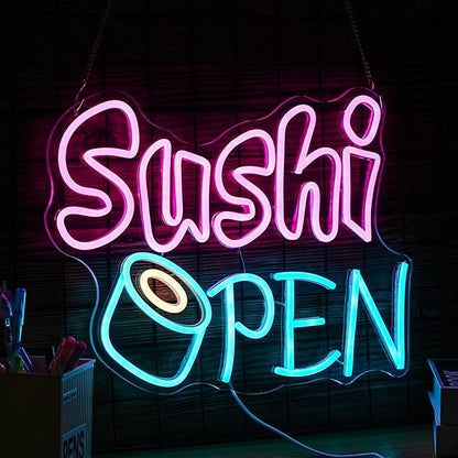 Sushi Open Neon Sign for Wall Decor - Dimmable LED Open Sign for Business - USB Powered Light for Sushi Shop, Restaurant, Kitchen, Home Decor