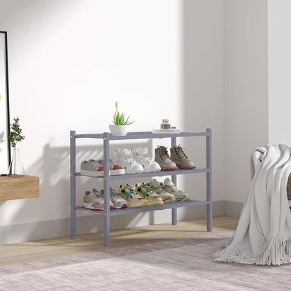 3 Tier Bamboo Shoe Rack for Closet Free Standing Wood Shoe Shelf Storage Organizer for Entryway Small Space Stackable 27"x11"x20" (Grey)