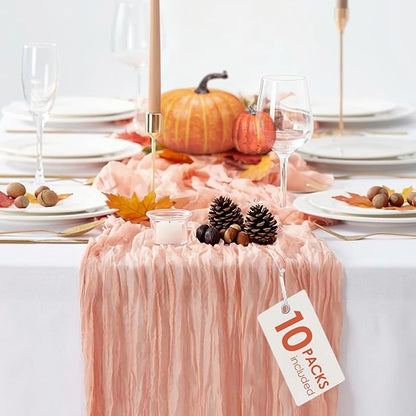 10 Pack Coral Peach Cheesecloth Table Runner 10FT Sheer Coral Cheese Cloth Table Runners Boho Gauze 120 Inches Table Decorations for Wedding Bridal Baby Shower Fall Thanksgiving Decor