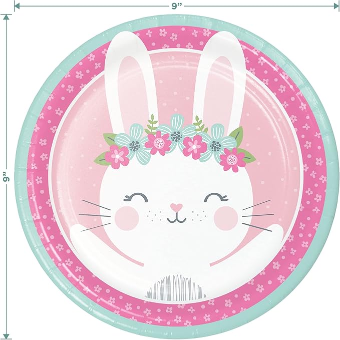 Birthday Bunny Pink Floral Boho Paper Dinner Plates and Luncheon Napkins (Serves 16) - Pink Bunny Boho Party and Baby Shower Tableware