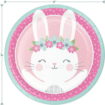 Birthday Bunny Pink Floral Boho Paper Dinner Plates and Luncheon Napkins (Serves 16) - Pink Bunny Boho Party and Baby Shower Tableware