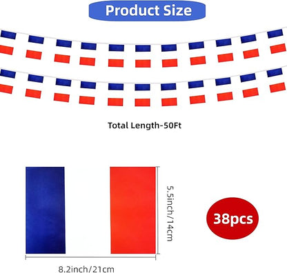 France Small String Flags, 50 Feet 38 Pcs French Pennant Banner Bunting Flags, Patriotic Events, Independence Day, Country Festival, Commemoration, Decorations (France)