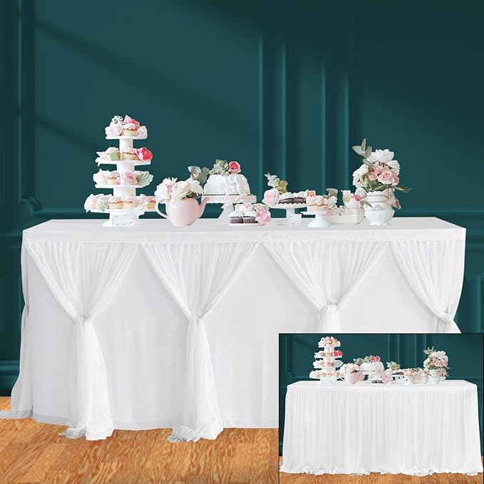 Besutolife White Tulle Table Skirt 14ft Wrinkle-Free Tutu Tablecloth for Gender Reveal, Wedding, Birthday, Reception, Banquet, Photo Booth, Party Table Decorations