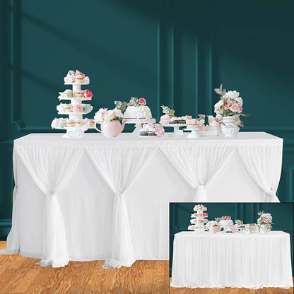 Besutolife White Tulle Table Skirt 14ft Wrinkle-Free Tutu Tablecloth for Gender Reveal, Wedding, Birthday, Reception, Banquet, Photo Booth, Party Table Decorations