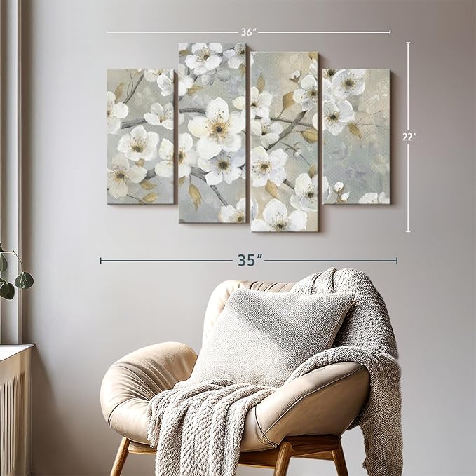ElephantStock Golden Garden Wall Art - Horizontal Canvas - 4-Piece Living Room Wall Decor - Leaves Painting Canvas Print - Gray and Beige Decor for Wall by Nan - 36" X 22"