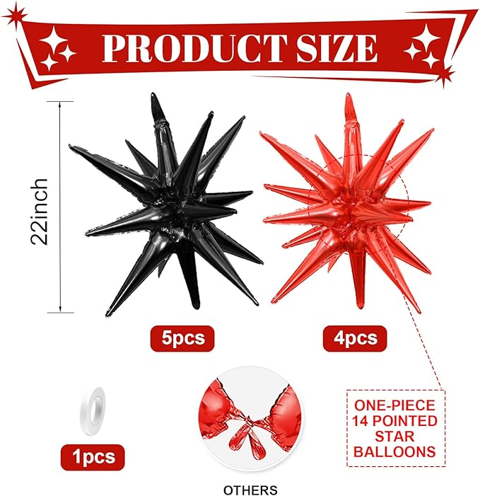 Black Red Star Balloons,9Pcs 22Inch Black Red Explosion Spike Cone Helium Polyester Film Star Foil Balloons for Birthday Halloween Anniversary Baby Shower Party Decorations