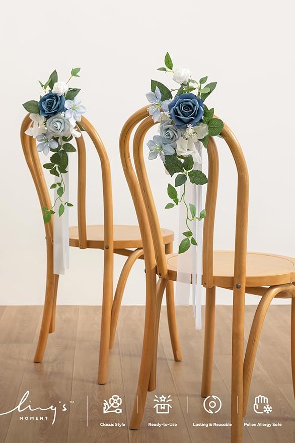 Ling's moment 8 Wedding Artificial Aisle Pew Flowers Chair Decorations Arrangements with Chiffon Ribbons Dusty Blue for Ceremony Reception Chair Back Floral Decor Reception Church Party Outdoor