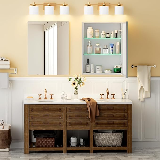 BROBIGBathroom Medicine Cabinet with Mirror, 24x32 Recessed or Wall Mirror Medicine Cabinet with Storage Adjustable Glass Shelves, Beveled Edge Mirrored Door with Aluminum Cabinet Hinges