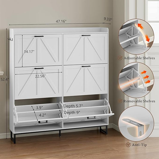 Shoe Cabinet with 6 Flip Drawers Narrow Shoe Storage Cabinet Organizer Wooden Freestanding Shoe Rack Hidden Slim Shoes Storage Cabinet for Entryway, Hallway, Living Room, Bedroom