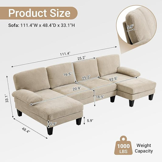 VINGLI 110" Sectional CouchChenilleht Khaki