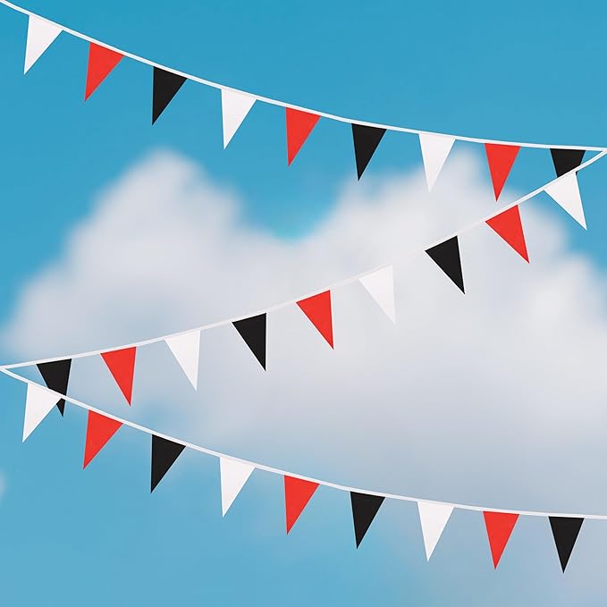 100 Ft White Red Black Pennant Banner Flag, 60 Pcs String Hanging DIY Bunting Flags for Party, School, Birthday, Wedding, Carnival, Celebrations, Outdoor and Indoor Decorations (White Red Black)