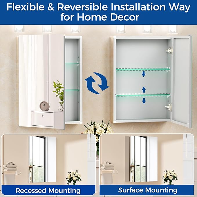 BROBIGBathroom Medicine Cabinet with Mirror, 24x32 Recessed or Wall Mirror Medicine Cabinet with Storage Adjustable Glass Shelves, Beveled Edge Mirrored Door with Aluminum Cabinet Hinges