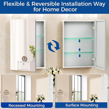 BROBIGBathroom Medicine Cabinet with Mirror, 24x32 Recessed or Wall Mirror Medicine Cabinet with Storage Adjustable Glass Shelves, Beveled Edge Mirrored Door with Aluminum Cabinet Hinges
