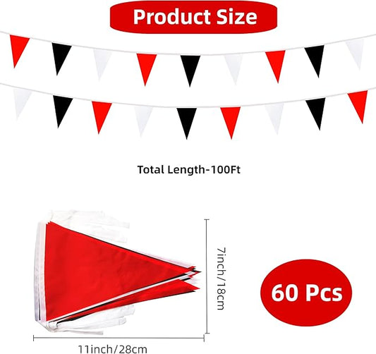 100 Feet 60 Pcs Red White and Black Pennant Banner Flag String Hanging Triangle DIY Flag, Bunting Streamers Decorations for Grand Opening, Birthday, Wedding Celebration (Red White & Black)