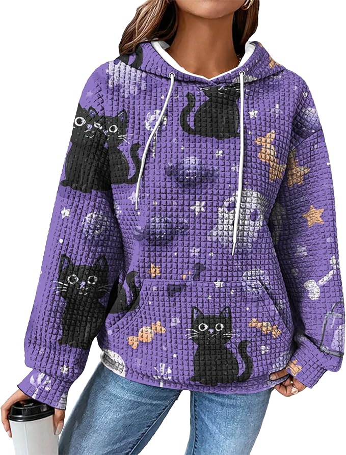 Halloween Sweatshirts for Women Novelty Graphic Drawstring Waffle Hoodies Loose Casual Pullover Tops with Pocket