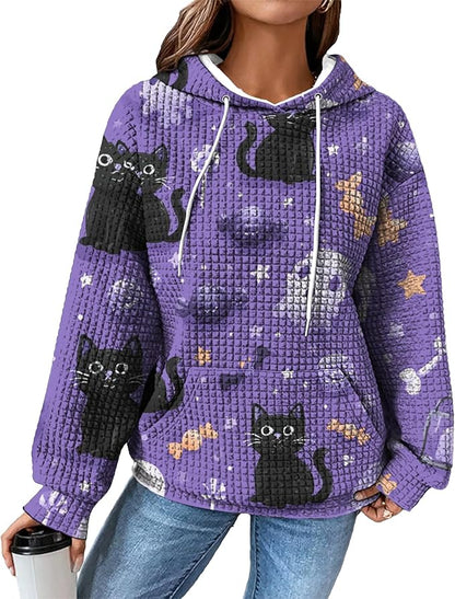 Halloween Sweatshirts for Women Novelty Graphic Drawstring Waffle Hoodies Loose Casual Pullover Tops with Pocket