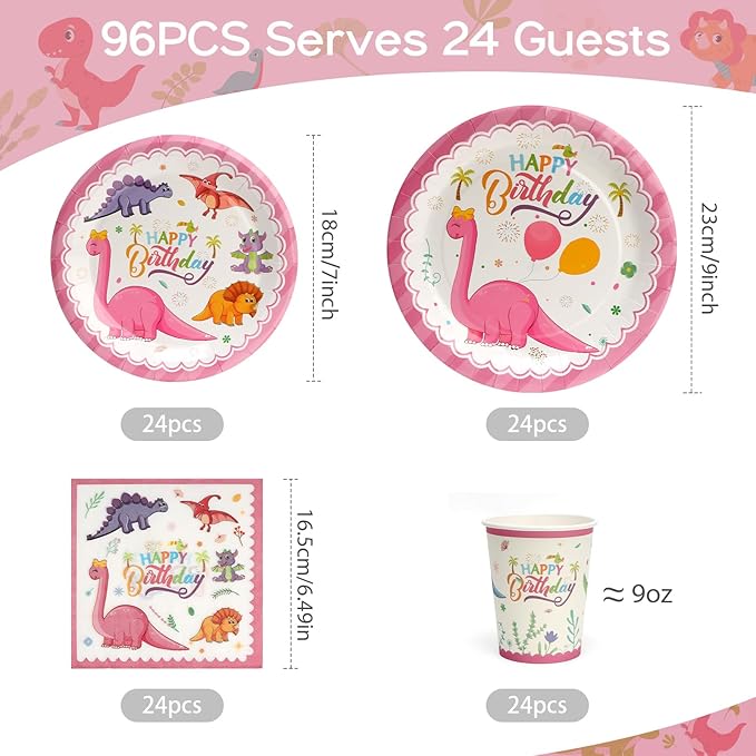 96pcs Pink Dinosaur Birthday Plates, Dinosaur Themed Paper Plates and Napkins,Cups Disposable Tableware Set for 24 Guests Baby Shower Picnic Kids Girls Birthday Party Supplies Decorations