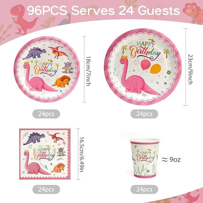 96pcs Pink Dinosaur Birthday Plates, Dinosaur Themed Paper Plates and Napkins,Cups Disposable Tableware Set for 24 Guests Baby Shower Picnic Kids Girls Birthday Party Supplies Decorations