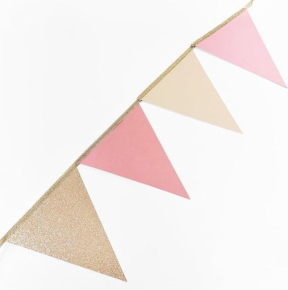 Champagne Gold Dusty Rose Pink Beige Party Pennant Banner Flag Hanging Glitter Paper Triangle Bunting for Women Girls Birthday Baby Shower Wedding Bridal Shower Holiday Party Decorations Supplies