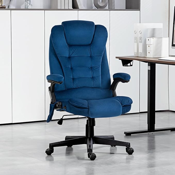HOMCOM Executive Office Chair with 6 Points Vibration Massage and Heated Lumbar Support, Velvet High Back Computer Chair with Reclining Backrest, Tilt Function and Padded Armrests, Drak Blue