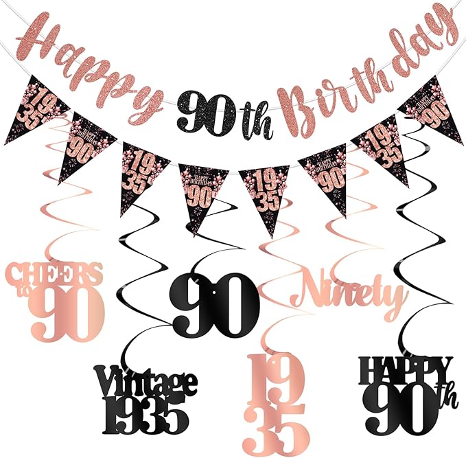 90th Birthday Decorations for Women, Black Rose Gold Happy 90th Birthday Banner Hanging Swirls Vintage 1935 Birthday Decorations Kit Cheers to 90 Birthday