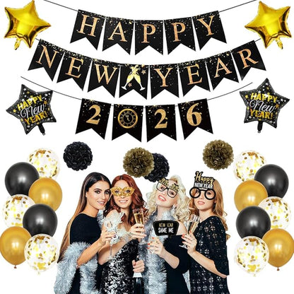 Happy New Years Decorations for Party Supplies 2026, New Years Eve Party Supplies with Balloons Happy New Year Banner Eve Glasses Headband 2026, Happy New Year Party Decorations Set