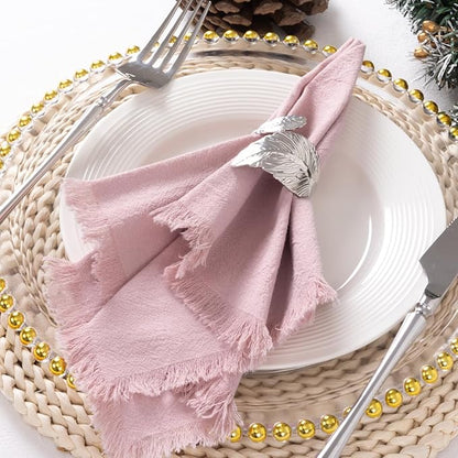 12 Pack Pink Cotton Linen Napkins with Fringe Christmas Cloth Napkins Set of 12 Boho Handmade Holiday Napkins Bulk for Wedding Baby Shower Xmas Parties Girl Sweet 16, 17 x 17 Inches