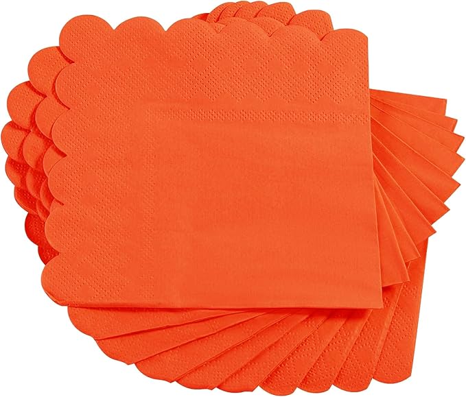 200 Pack Cocktail Napkin 2-Ply Scalloped Edged Dessert Napkins Folded 5 x 5 Inches Disposable Napkins for Dinner Wedding Birthday Party Bridal Anniversary Reception Event (Orange)