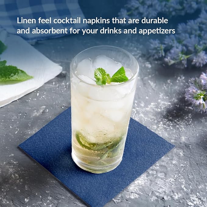 PAW - 100-Pack Disposable Linen-Feel Cocktail Napkins 4" x 4", Navy Blue Premium Paper Desert Napkins for Parties, Events, Elegant Cloth-Like Beverage Napkins For Bars, Restaurants, Catereres