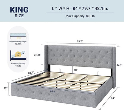 Allewie King Size Lift Up Storage Bed, Button Tufted Headboard with Wingback, Hydraulic Support, No Box Spring Needed, Light Grey