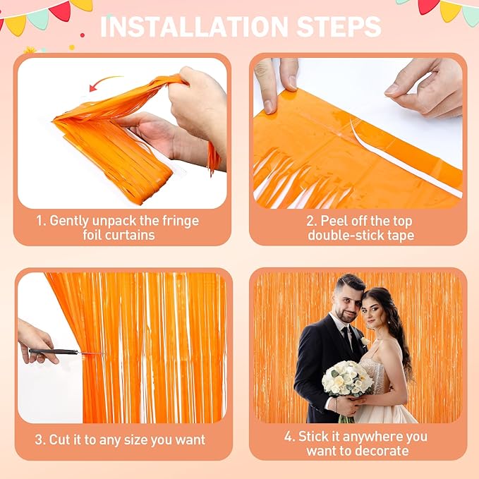 Orange Tinsel Backdrop Foil Fringe Curtains - 2 Packs Door Streamers Backdrop for Birthday Door Decorations, Party Supplies for Bachelorette, Graduation, Christmas, Disco Decor