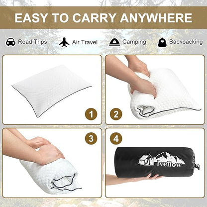 Ivellow Travel Pillow Cooling Camping Pillow for Sleeping Compressible Shredded Memory Foam Pillow Compact Firm Supportive Pillow for Adults Kids Outdoor Backpacking Hiking Essential Gear White S