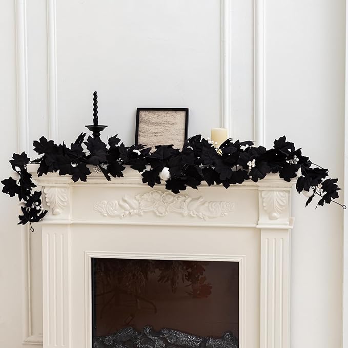 Artificial Fall Garland with Maple Leaves, Pumpkins & Berries – 7ft Black Autumn Garland for Thanksgiving, Fireplace Mantel, Doorway & Fall Harvest Table Decor,Halloween Decor