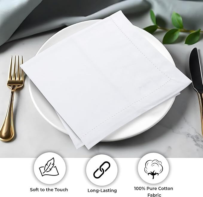 Urban Villa Cloth Napkins White Hemstitch Dinner Napkins Set of 12 (20X20) 100% Cotton Absorbent Washable Durable Reusable Ideal for Hotel Collection Christmas Parties Restaurant Lunch Dinner Napkins