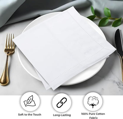 Urban Villa Cloth Napkins White Hemstitch Dinner Napkins Set of 12 (20X20) 100% Cotton Absorbent Washable Durable Reusable Ideal for Hotel Collection Christmas Parties Restaurant Lunch Dinner Napkins