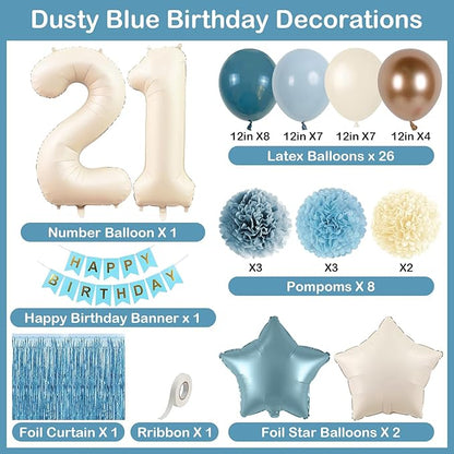 Dusty Blue 21st Birthday Decorations for Him Her Beige Cream Number 21 Balloon Blue Gold Happy Birthday Banner Fringe Curtain Paper Pom Poms Nude White Sand Champagne Star Foil Balloons Party Decor
