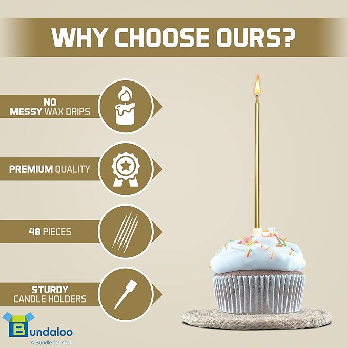 Bundaloo Gold Birthday Candles for Cake - Set of 48 Gold Candles for Birthday Cakes - with Plastic Holders, 5.5" Long, 0.20" Thickness