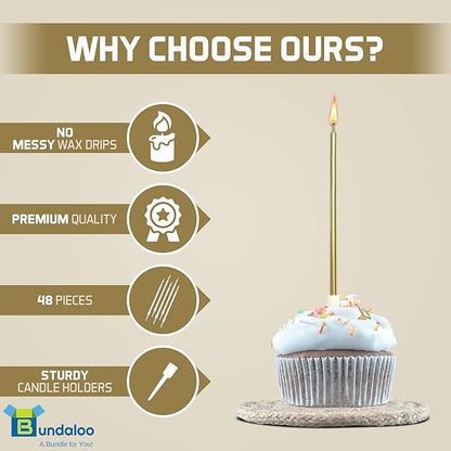 Bundaloo Gold Birthday Candles for Cake - Set of 48 Gold Candles for Birthday Cakes - with Plastic Holders, 5.5" Long, 0.20" Thickness
