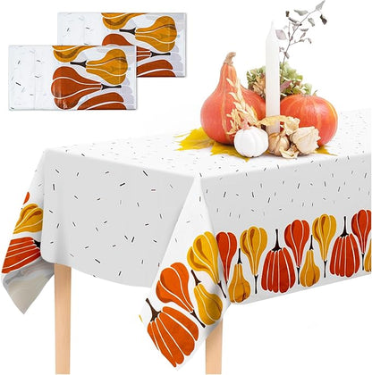 Thanksgiving Tablecloth, 2-Pack Disposable Table Cloths, Pumpkins Plastic Table Covers, 54 x 108 Inches, Thanksgiving Party Decorations