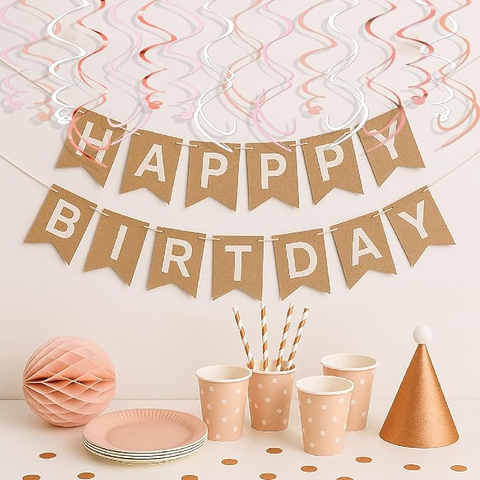Pink Hanging Swirl Decorations for Party – 42PCS Rose Gold Foil Ceiling Streamers with Hooks for Birthday, Bridal Shower, Bachelorette, Holiday Celebrations