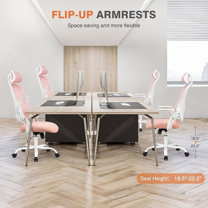 Sweetcrispy Office Computer Desk Chair, Ergonomic High-Back Mesh Rolling Work Chairs with Wheels and Adjustable Headrests, Comfortable Lumbar Support, Comfy Flip-up Arms for Home, Bedroom, Study, Pink