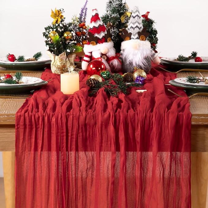 Red Cheesecloth Table Runner 4 Pack Christmas Table Runners Boho Gauze 120 Inches Red Cheese Cloth Table Decor for Xmas Holiday Season Parties Weddings Bridal Baby Shower Candlelight Dinner