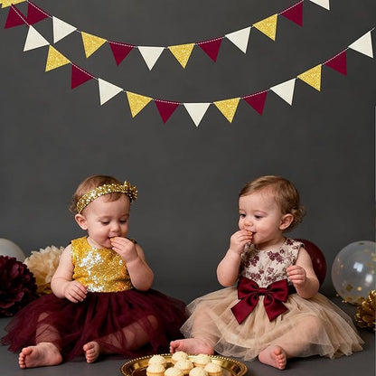 Maroon Gold Party Decorations Burgundy Beige Gold Glitter Felt Hanging Triangle Mini Bunting Pennant Banner Flag for Birthday Graduation Wedding Baby Shower Anniversary Party Nursery Classroom Decor