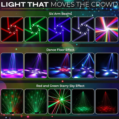 6-Arm 150W RGBW Bee-Eye Spider DJ Moving Head Light – LED Stage Lighting with DMX512, Sound Activated Beam Wash, Strobe & Starry Effects for Clubs, Parties, Weddings, Events
