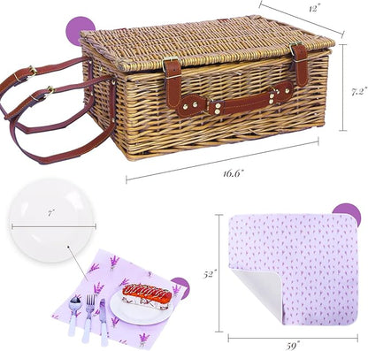 Neti Neti Wicker Picnic Basket for 4 with Insulated Cooler & Waterproof Blanket – Large Willow Picnic Hamper for Outdoor, Camping, Beach, Romantic Dates, Valentine’s Day