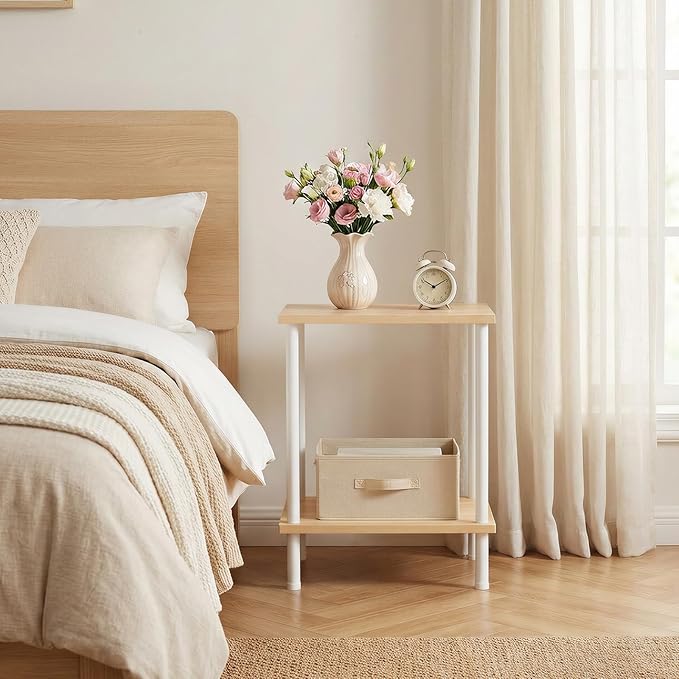HOOBRO End Table, Small Side Table, Nightstand with 2-Layer Storage Shelves, Sofa Table for Small Spaces, Living Room, Bedroom, Stable Frame, Easy Assembly, Natural and White WN09BZ01