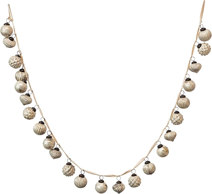 Creative Co-Op Embossed Mercury Glass Ball Ornament Garland, Distressed Matte Cream