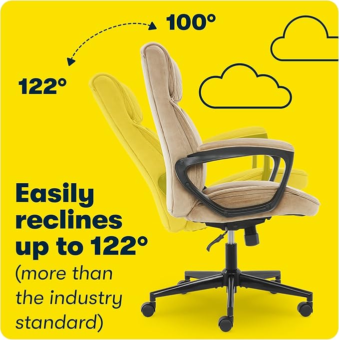 Serta® Hannah Executive Home Office Desk Chair, Ergonomic Mid-Back with Lumbar Support, Firm Seat Cushion, Layered Body Pillows, Padded Armrests, Swivel Base, Easy Assembly, Microfiber, Beige