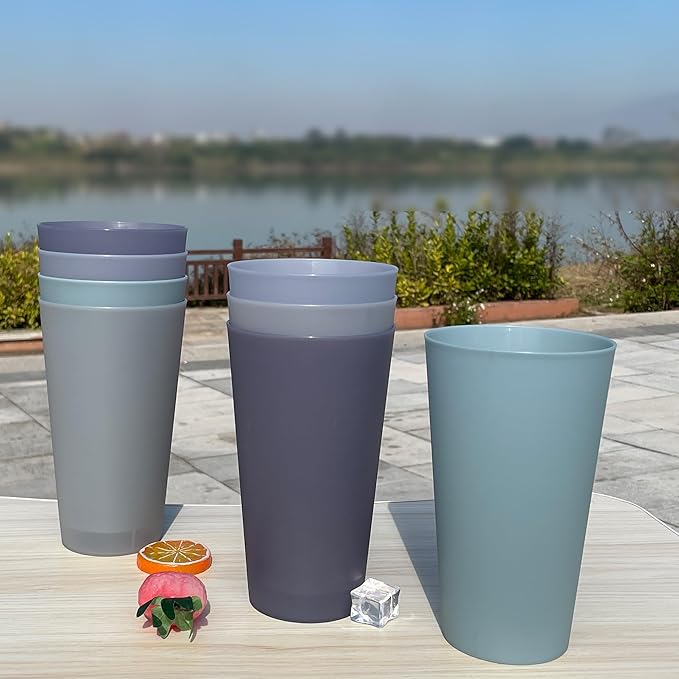 32 oz Plastic Cups Reusable, Unbreakable Plastic Tumblers set of 8, BPA Free Durability & Dishwasher Safe Eco-Friendly Drinks Cup for Kitchen, Home, Office, Outdoor (Grey Stone)