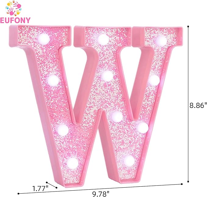 Pink LED Marquee Light Up Letters, Glitter Alphabet Letter Lights for Birthday Party Decorations, Battery Operated Letter Signs for Girls Room Table Decor, Pink letter W with Cool White Lights